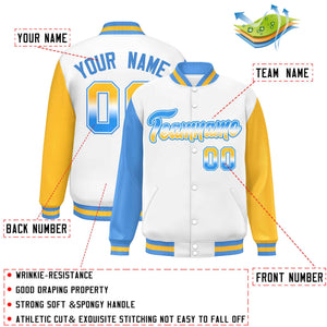 Custom White Powder Blue-Gold Varsity Full-Snap Raglan Sleeves Letterman Baseball Jacket