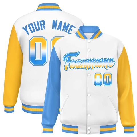Custom White Powder Blue-Gold Varsity Full-Snap Raglan Sleeves Letterman Baseball Jacket