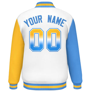 Custom White Powder Blue-Gold Varsity Full-Snap Raglan Sleeves Letterman Baseball Jacket