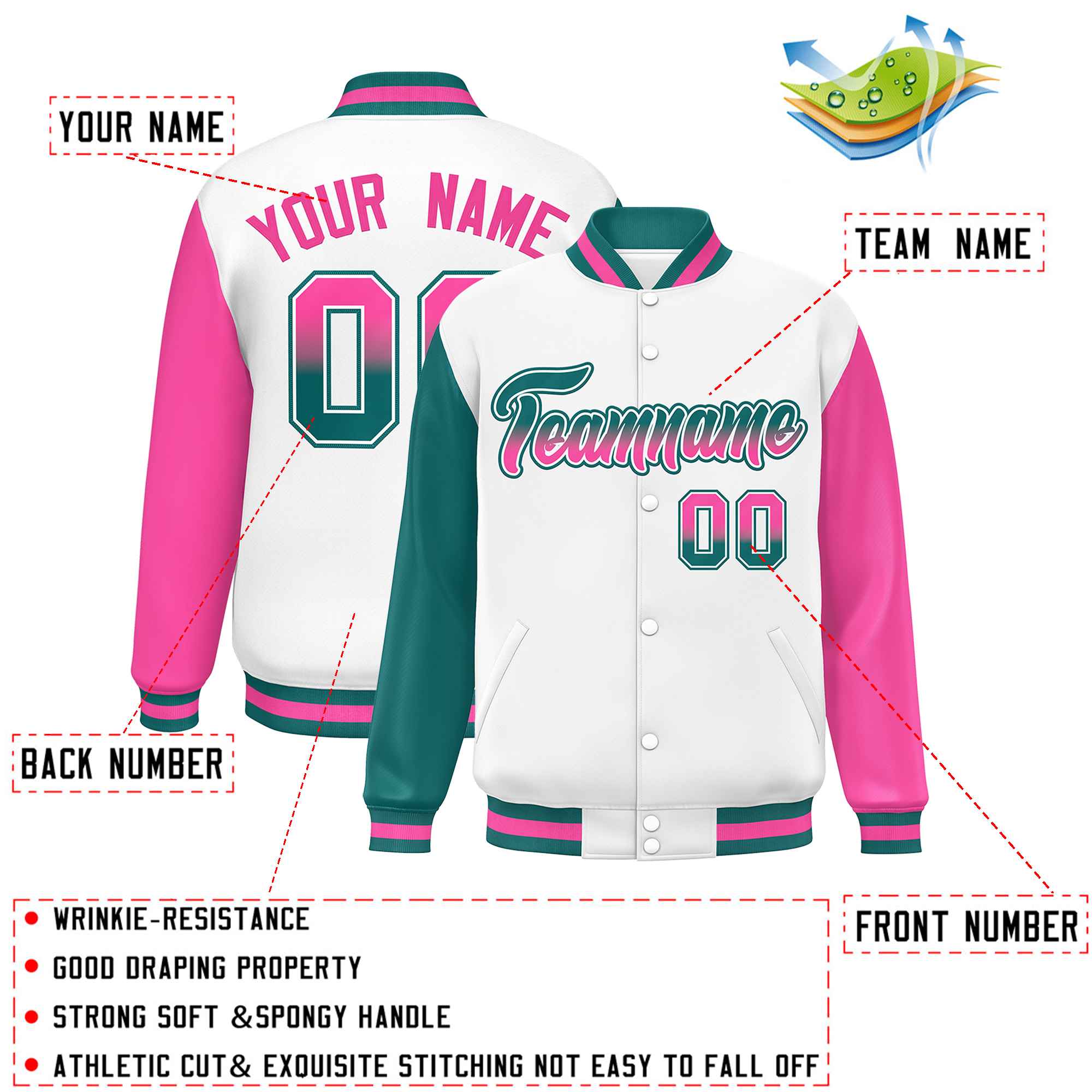 Custom White Aqua-Pink Varsity Full-Snap Raglan Sleeves Letterman Baseball Jacket