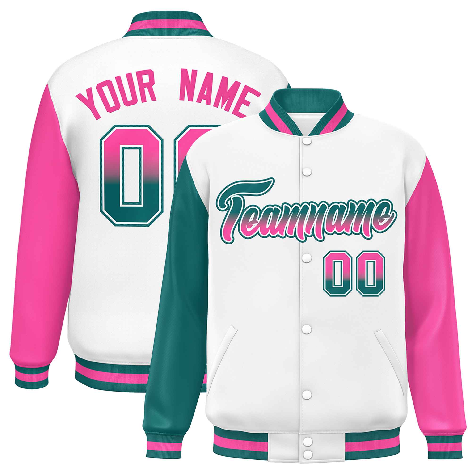 Custom White Aqua-Pink Varsity Full-Snap Raglan Sleeves Letterman Baseball Jacket