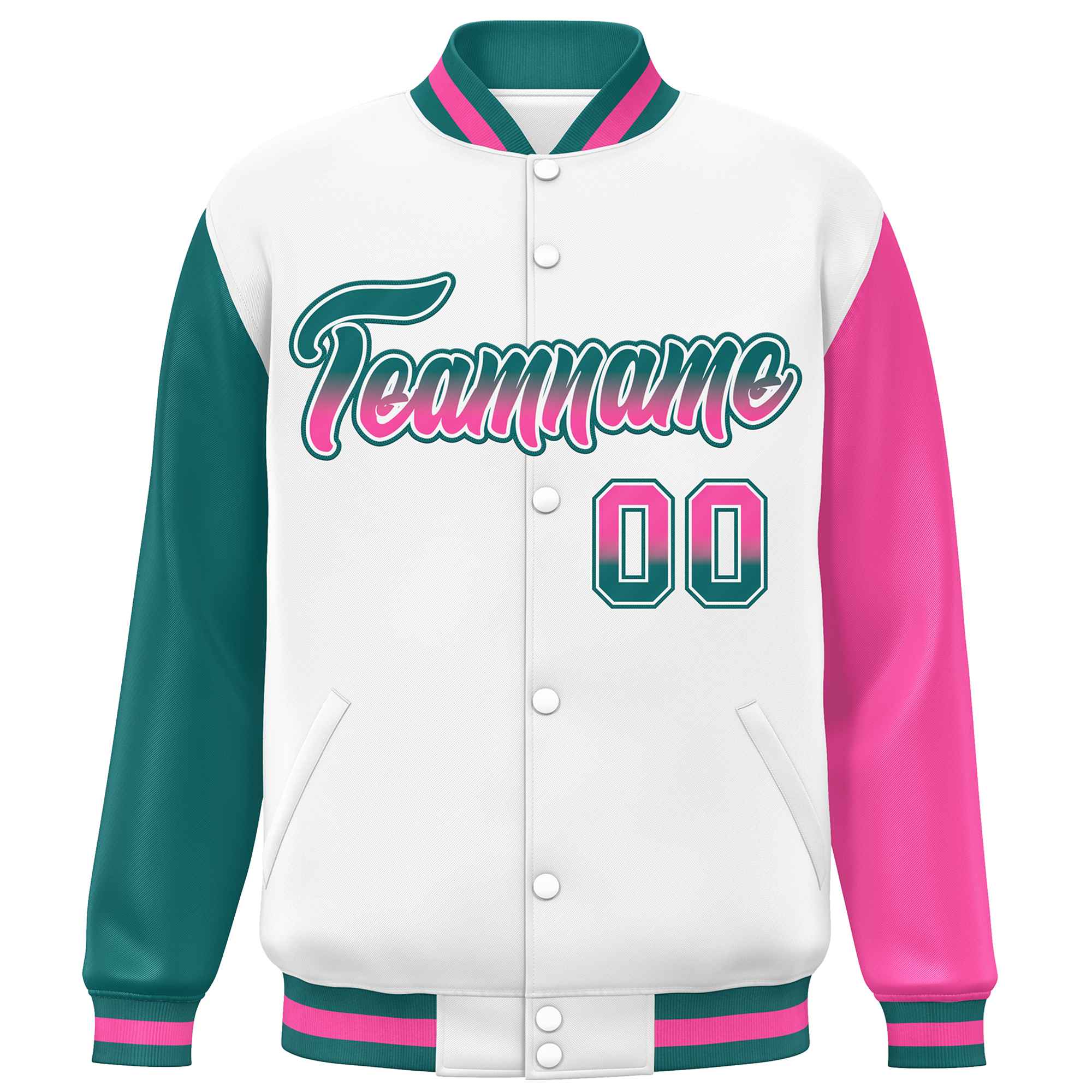 Custom White Aqua-Pink Varsity Full-Snap Raglan Sleeves Letterman Baseball Jacket