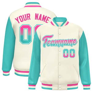 Custom Cream Aqua Varsity Full-Snap Raglan Sleeves Letterman Baseball Jacket