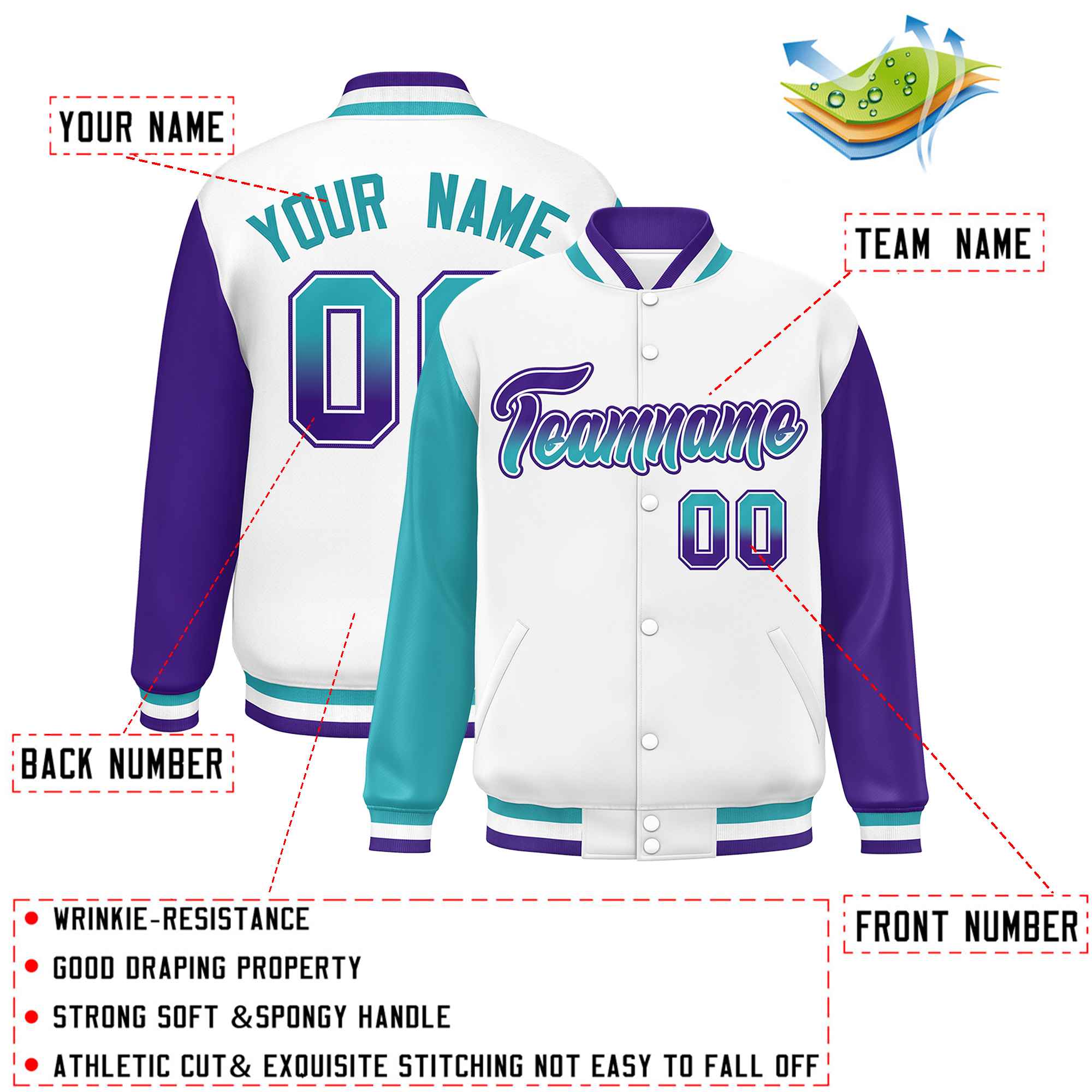 Custom White Aqua-Purple Varsity Full-Snap Raglan Sleeves Letterman Baseball Jacket