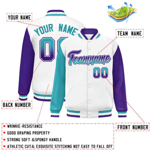 Custom White Aqua-Purple Varsity Full-Snap Raglan Sleeves Letterman Baseball Jacket