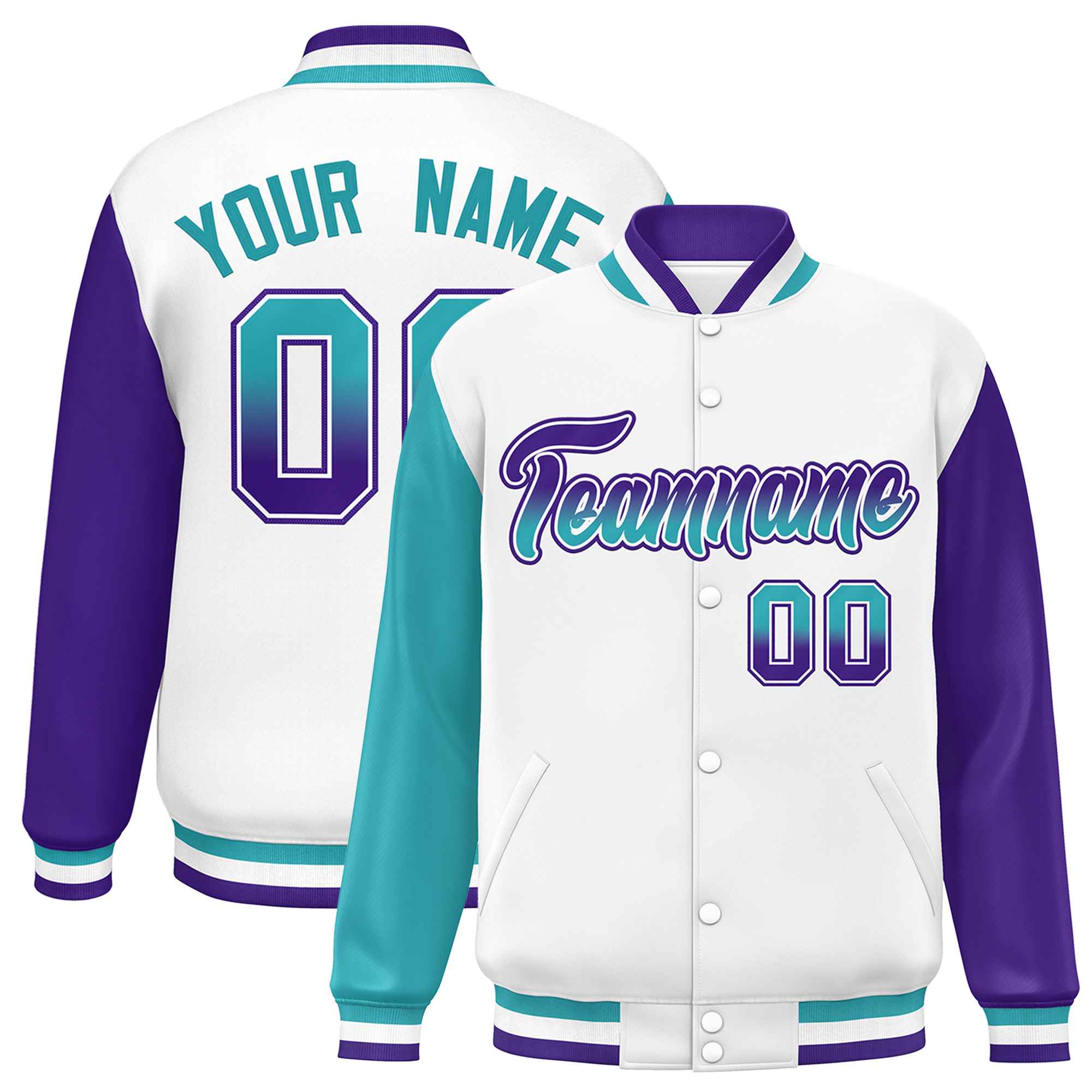 Custom White Aqua-Purple Varsity Full-Snap Raglan Sleeves Letterman Baseball Jacket