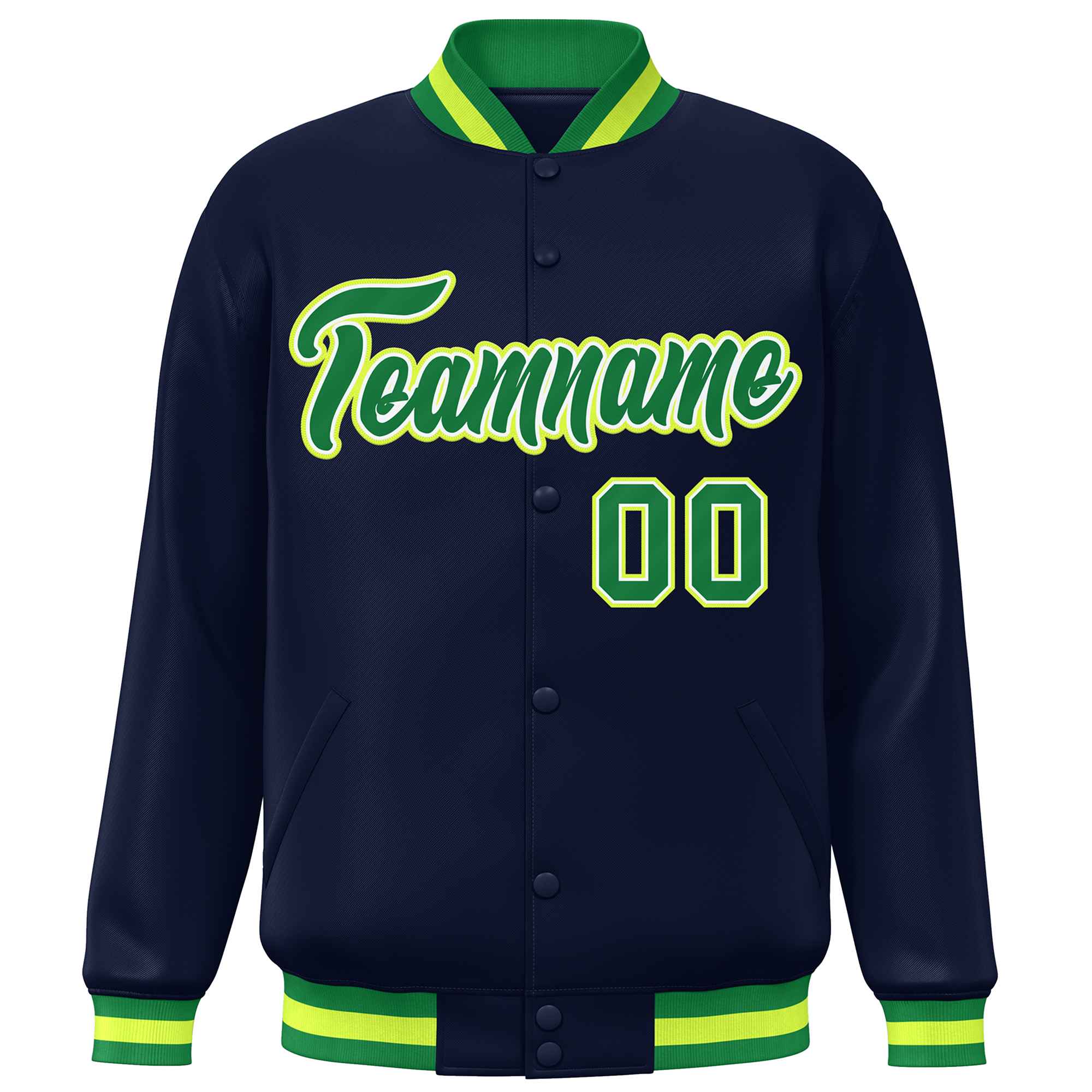 Custom Navy Kelly Green Varsity Full-Snap Classic Style Letterman Baseball Jacket