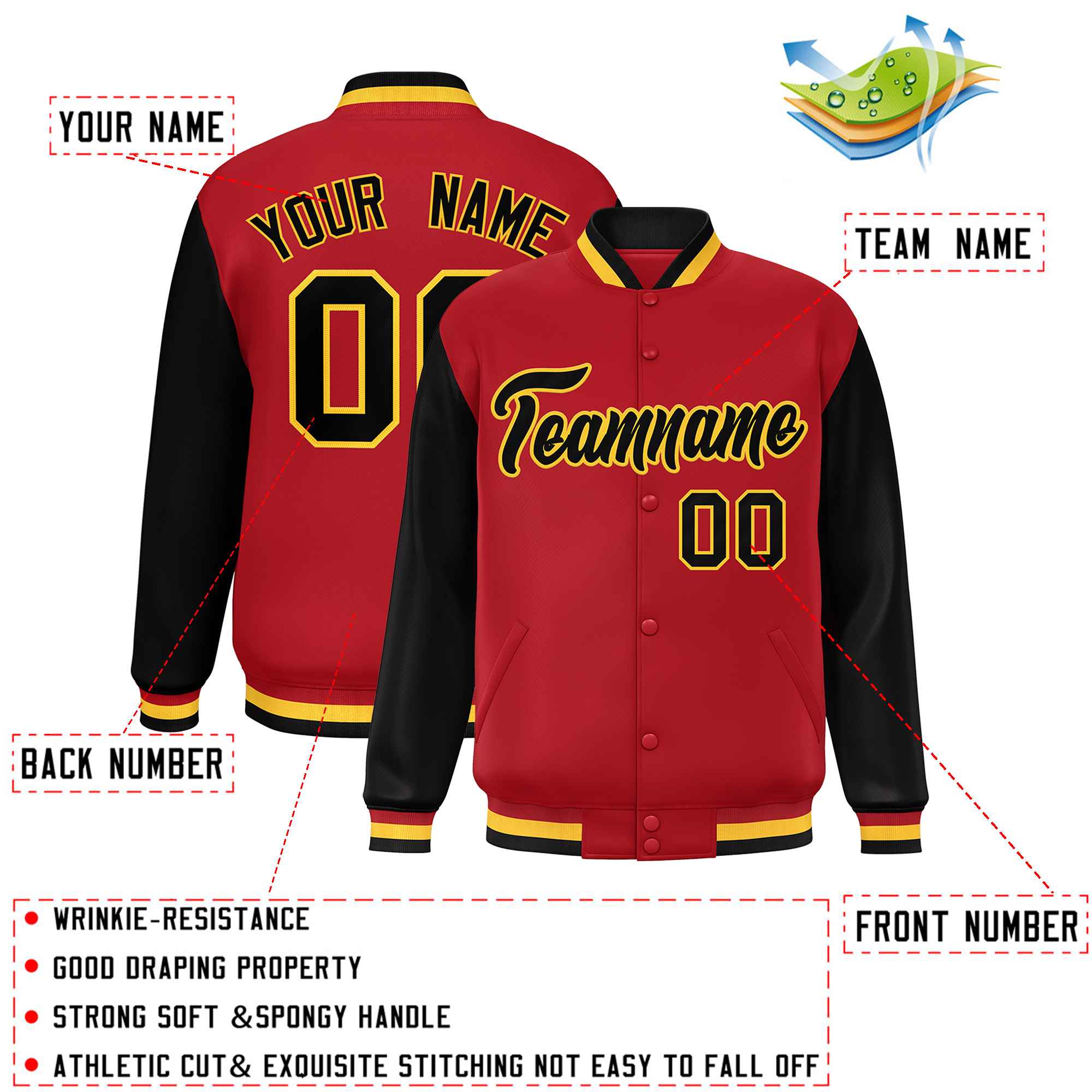 Custom Red Black Varsity Full-Snap Raglan Sleeves Letterman Baseball Jacket