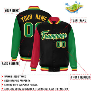 Custom Black Red-Kelly Green Varsity Full-Snap Raglan Sleeves Letterman Baseball Jacket