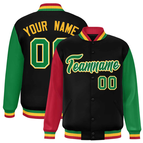 Custom Black Red-Kelly Green Varsity Full-Snap Raglan Sleeves Letterman Baseball Jacket