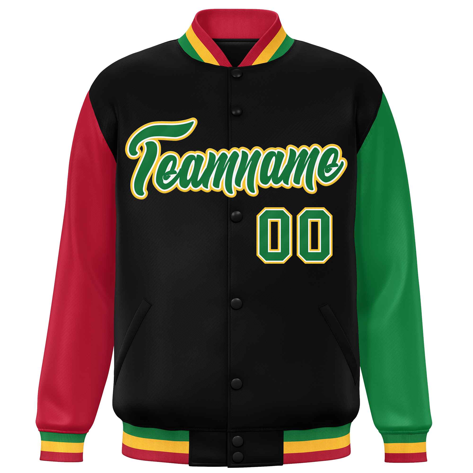 Custom Black Red-Kelly Green Varsity Full-Snap Raglan Sleeves Letterman Baseball Jacket