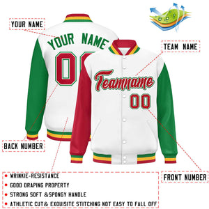 Custom White Red-Kelly Green Varsity Full-Snap Raglan Sleeves Letterman Baseball Jacket