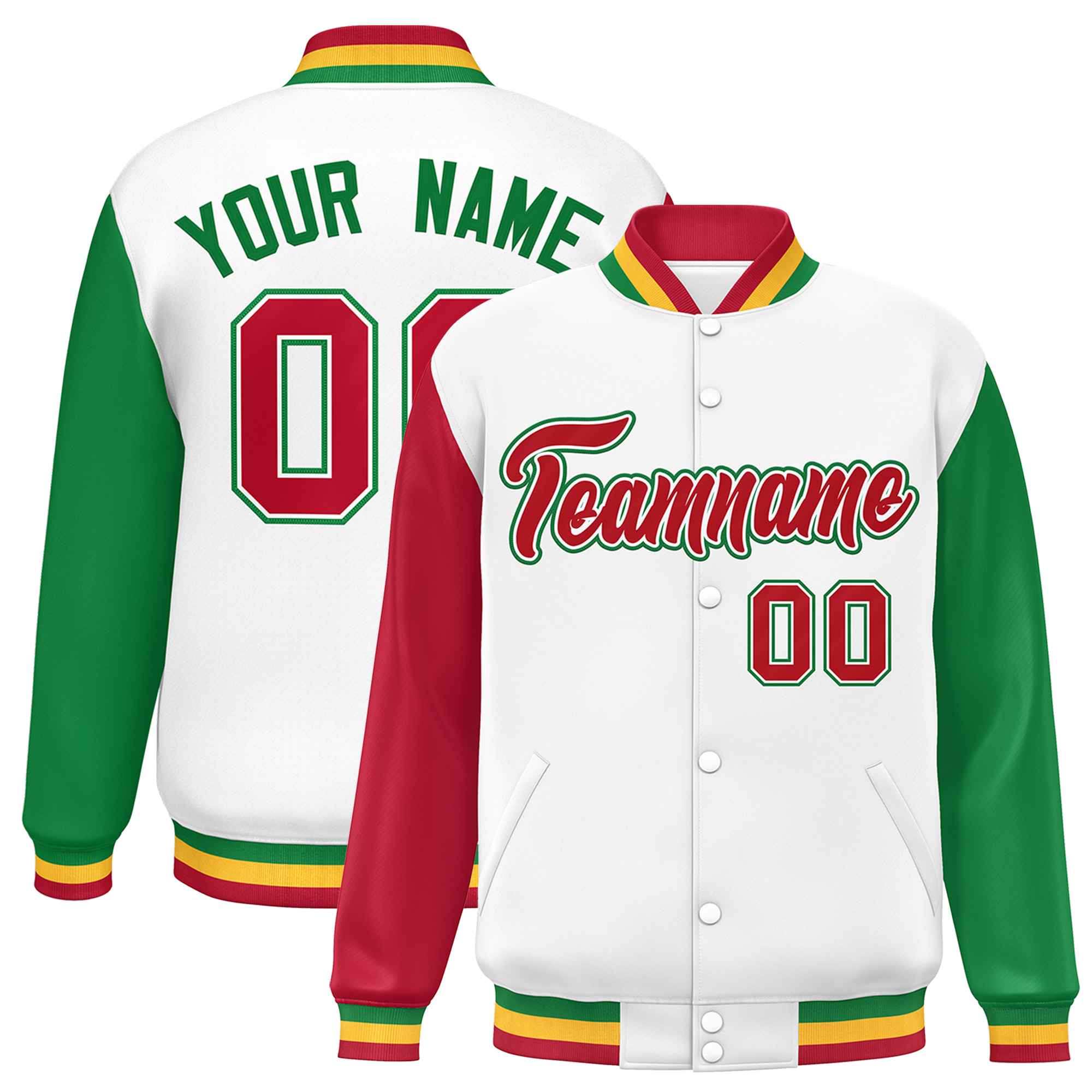 Custom White Red-Kelly Green Varsity Full-Snap Raglan Sleeves Letterman Baseball Jacket