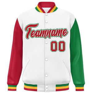 Custom White Red-Kelly Green Varsity Full-Snap Raglan Sleeves Letterman Baseball Jacket