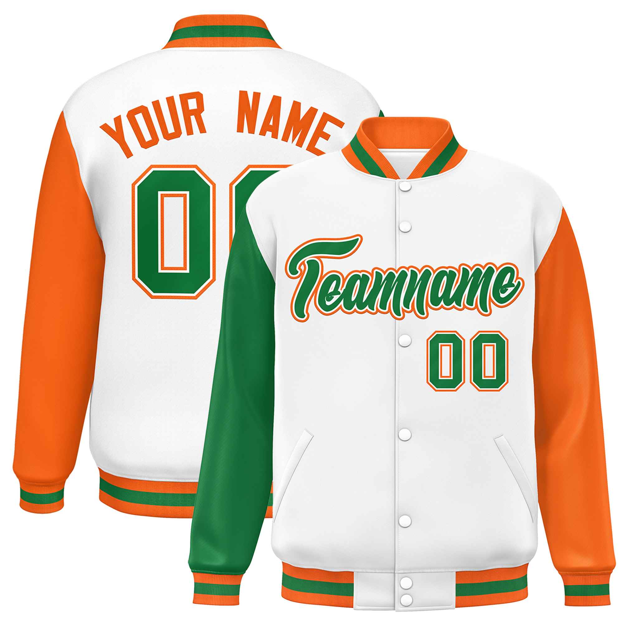 Custom White Kelly Green-Orange Varsity Full-Snap Raglan Sleeves Letterman Baseball Jacket