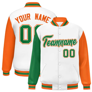 Custom White Kelly Green-Orange Varsity Full-Snap Raglan Sleeves Letterman Baseball Jacket