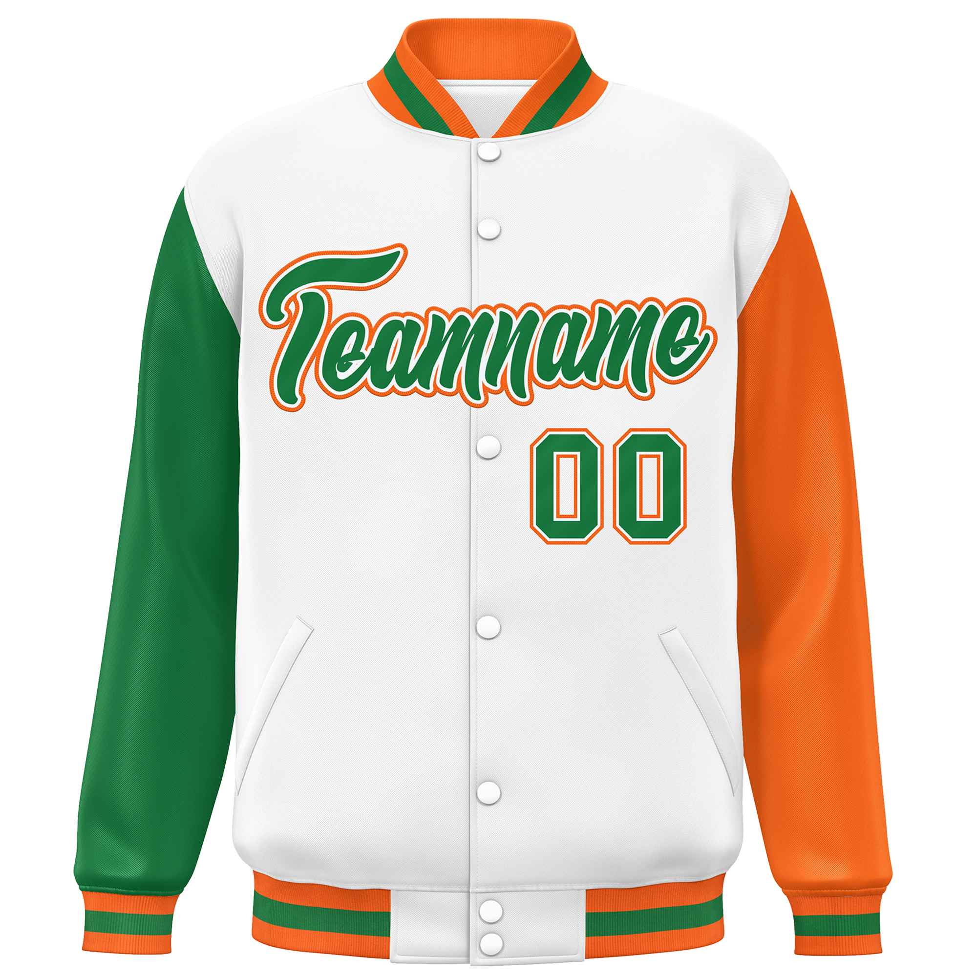 Custom White Kelly Green-Orange Varsity Full-Snap Raglan Sleeves Letterman Baseball Jacket