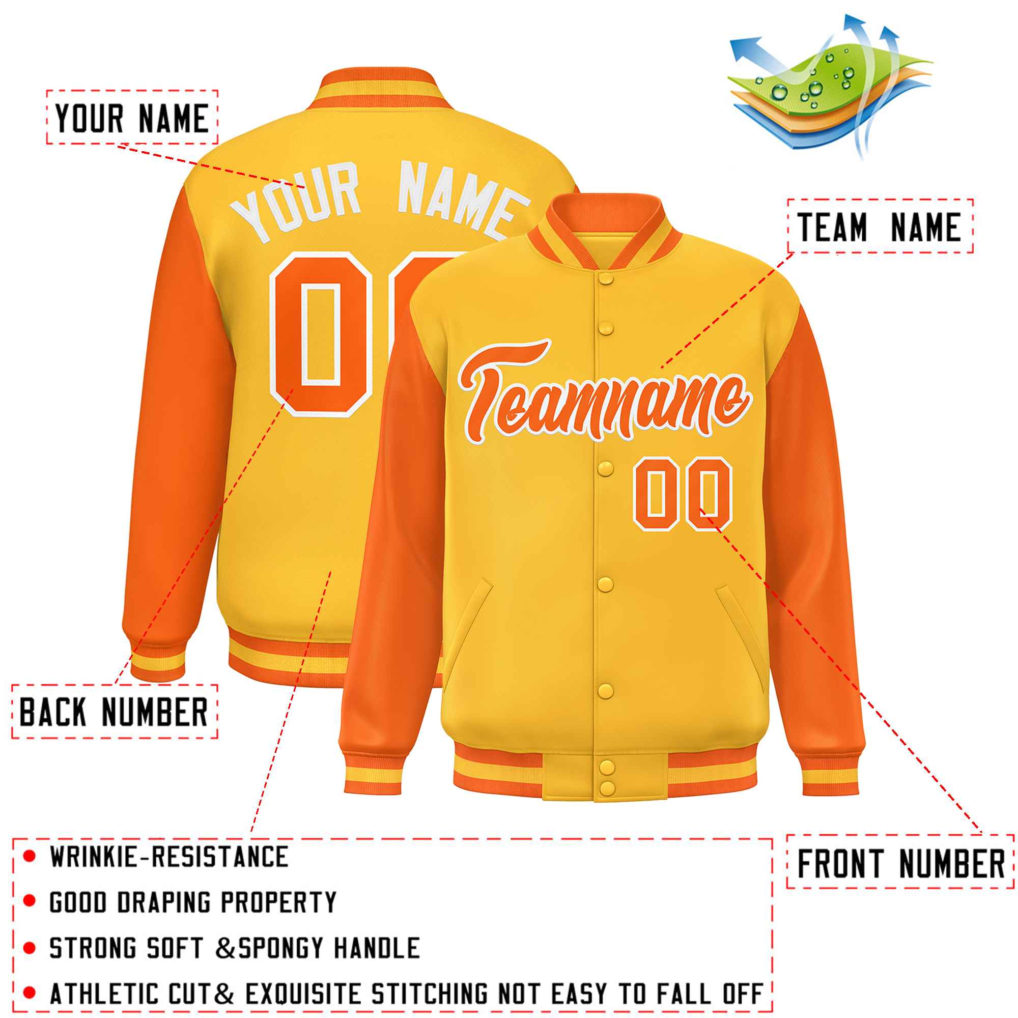 Custom Gold Orange Varsity Full-Snap Raglan Sleeves Letterman Baseball Jacket