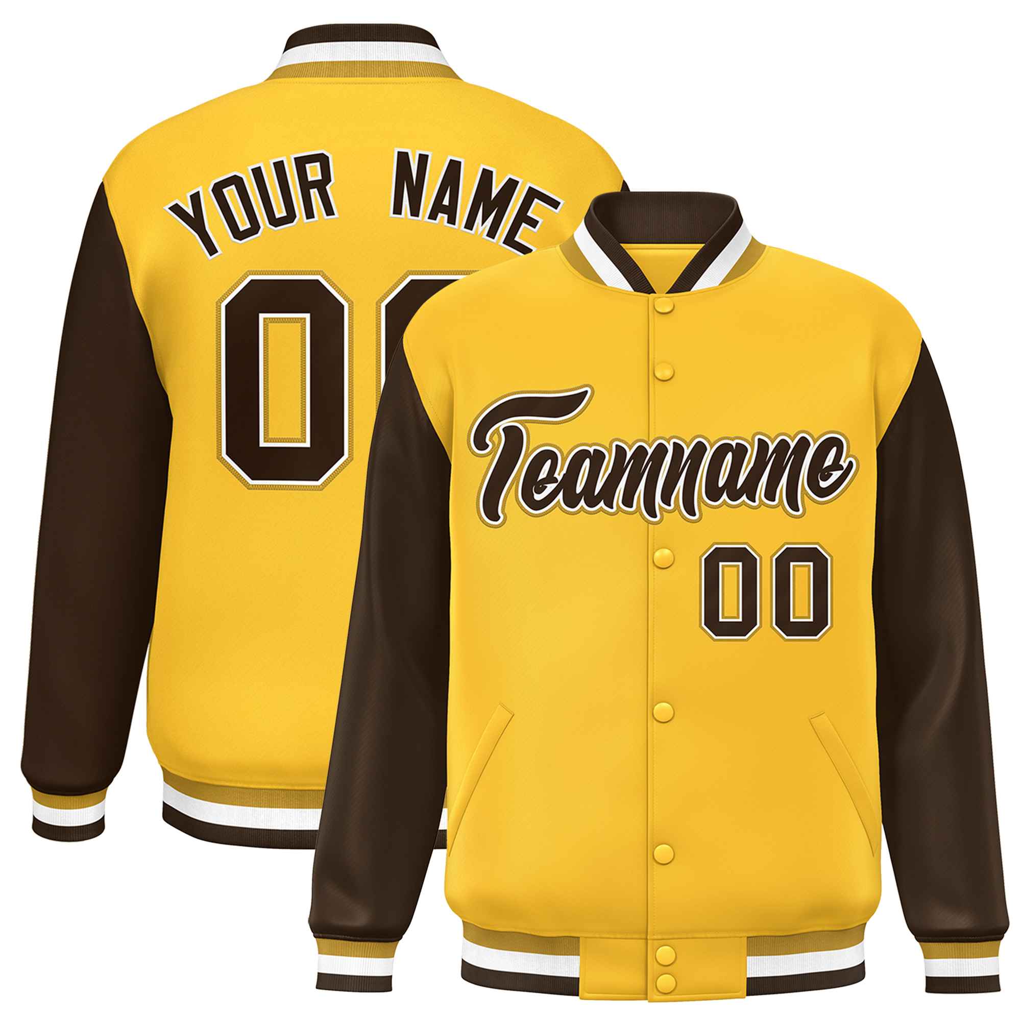 Custom Gold Brown Varsity Full-Snap Raglan Sleeves Letterman Baseball Jacket