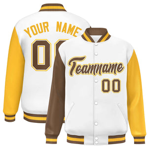 Custom White Light Brown-Gold Varsity Full-Snap Raglan Sleeves Letterman Baseball Jacket