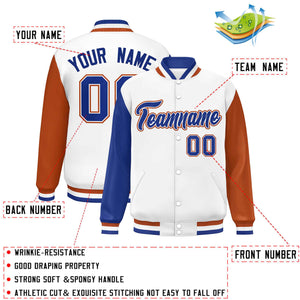 Custom White Royal-Texas Orange Varsity Full-Snap Raglan Sleeves Letterman Baseball Jacket