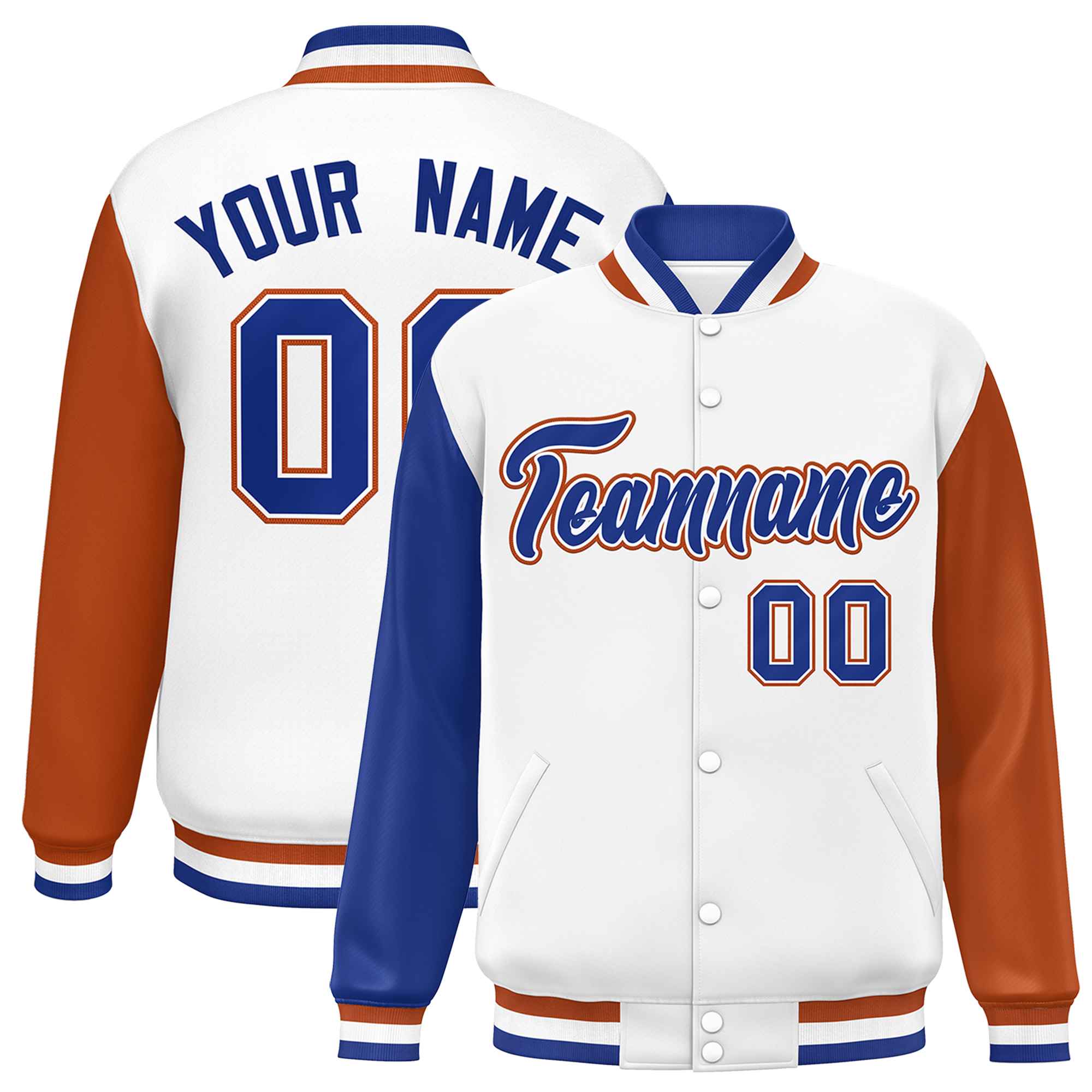 Custom White Royal-Texas Orange Varsity Full-Snap Raglan Sleeves Letterman Baseball Jacket