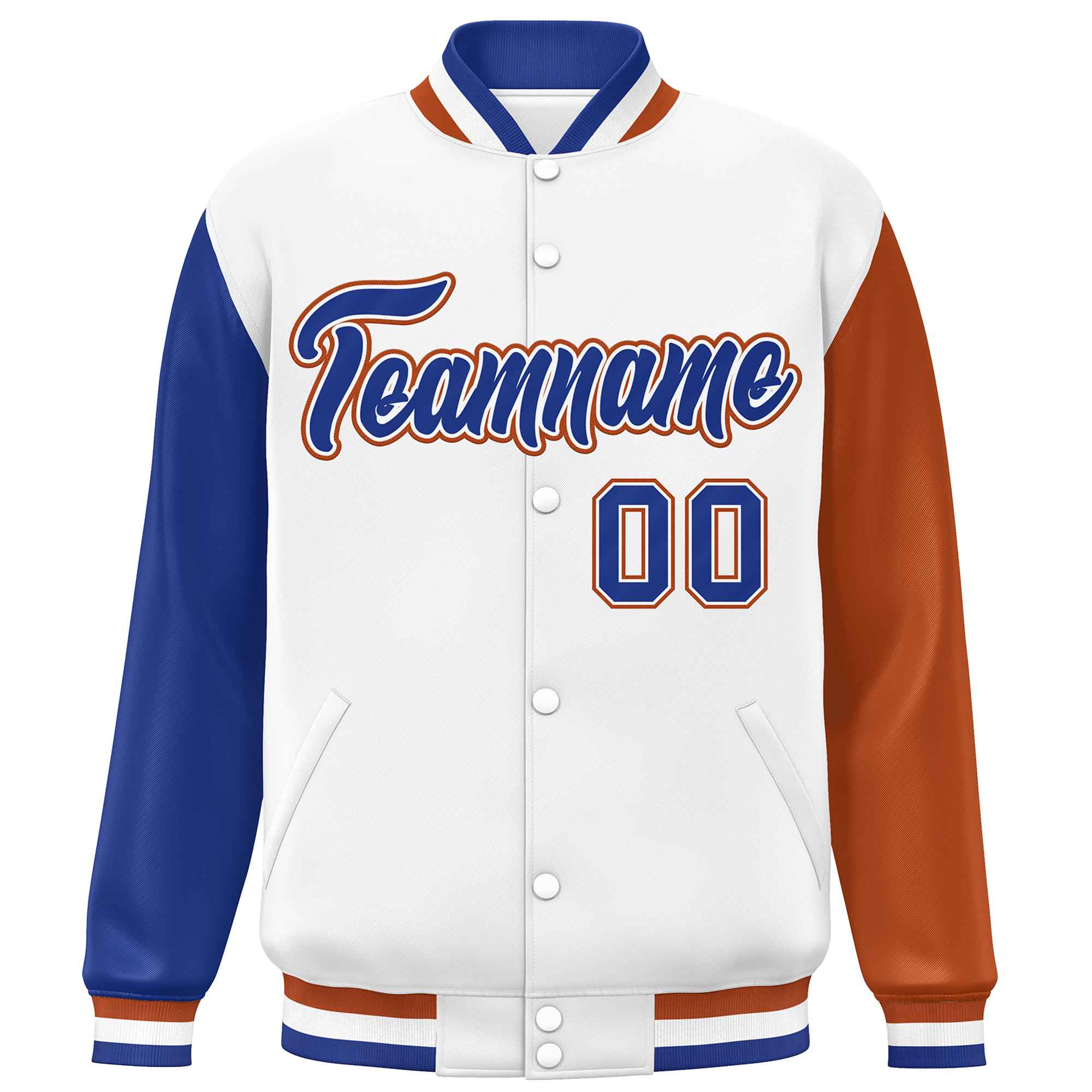 Custom White Royal-Texas Orange Varsity Full-Snap Raglan Sleeves Letterman Baseball Jacket