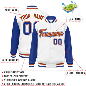 Custom White Royal Varsity Full-Snap Raglan Sleeves Letterman Baseball Jacket