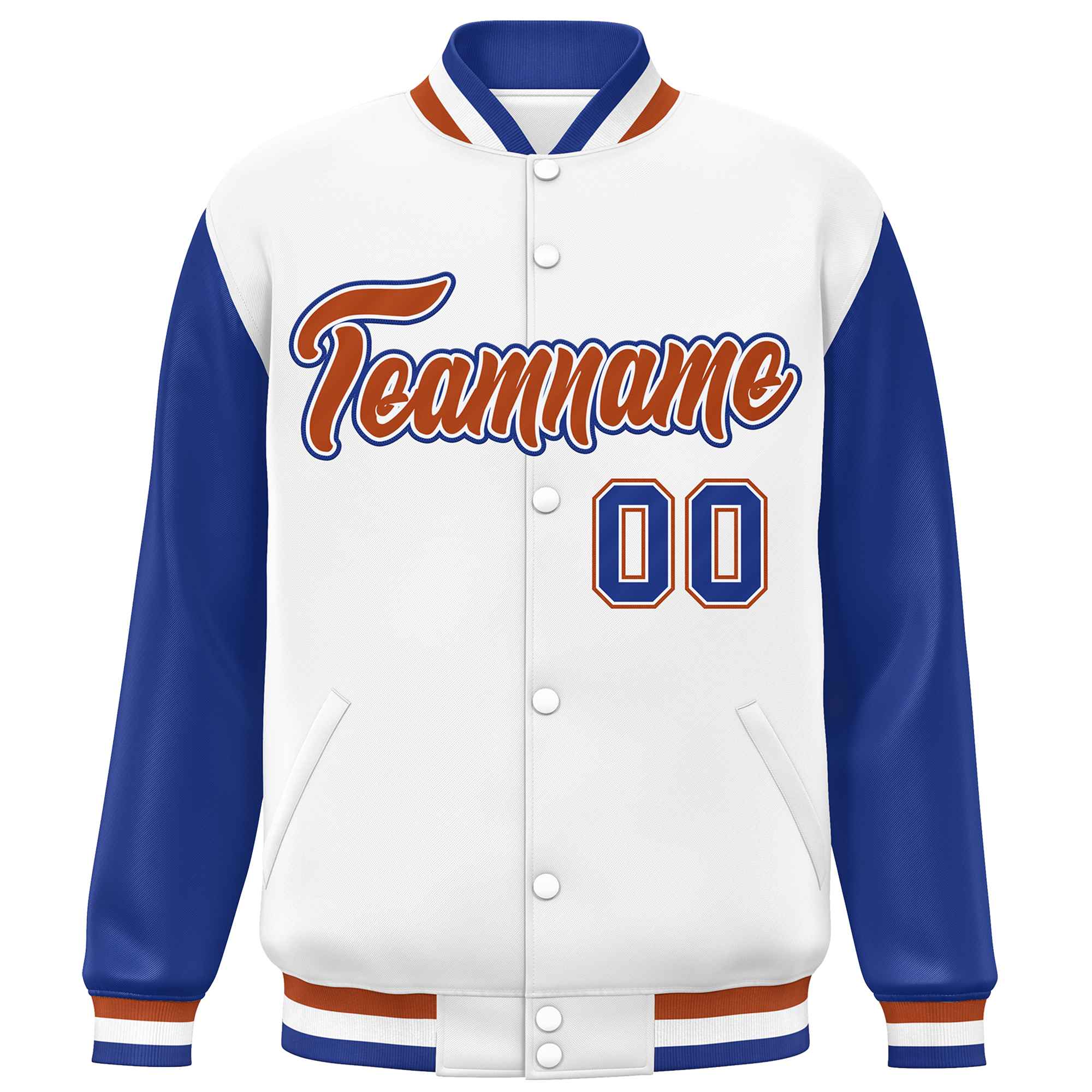 Custom White Royal Varsity Full-Snap Raglan Sleeves Letterman Baseball Jacket