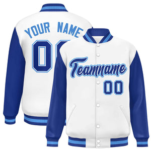 Custom White Royal Varsity Full-Snap Raglan Sleeves Letterman Baseball Jacket