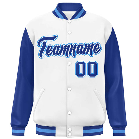Custom White Royal Varsity Full-Snap Raglan Sleeves Letterman Baseball Jacket