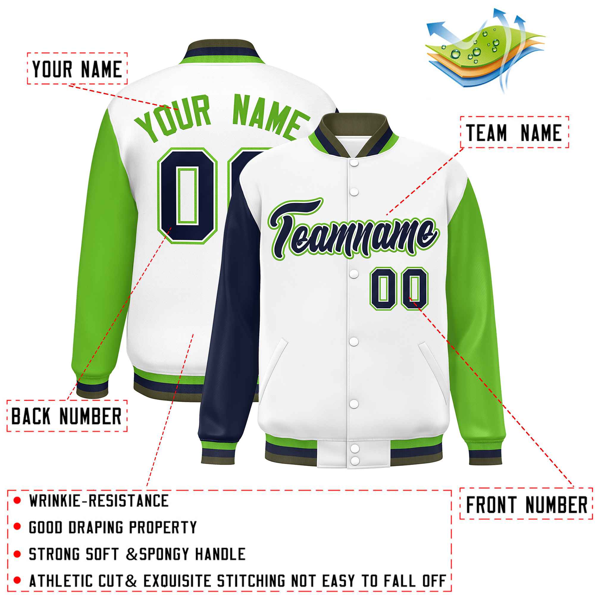 Custom White Navy-Green Varsity Full-Snap Raglan Sleeves Letterman Baseball Jacket