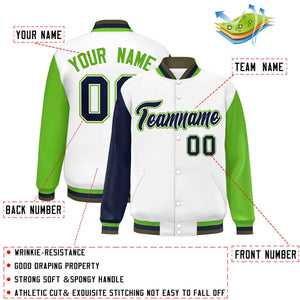 Custom White Navy-Green Varsity Full-Snap Raglan Sleeves Letterman Baseball Jacket