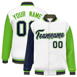 Custom White Navy-Green Varsity Full-Snap Raglan Sleeves Letterman Baseball Jacket