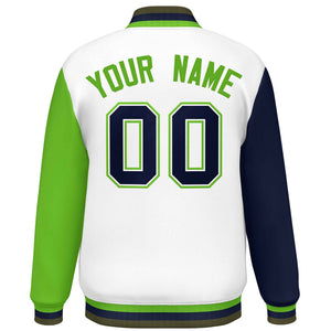 Custom White Navy-Green Varsity Full-Snap Raglan Sleeves Letterman Baseball Jacket