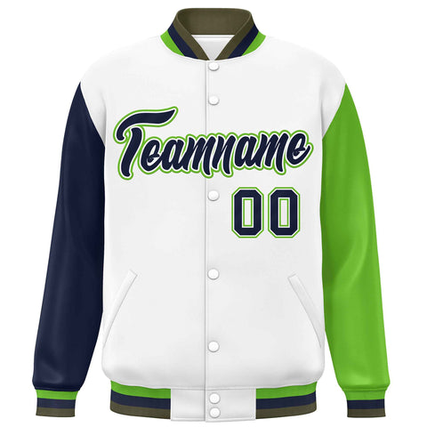 Custom White Navy-Green Varsity Full-Snap Raglan Sleeves Letterman Baseball Jacket