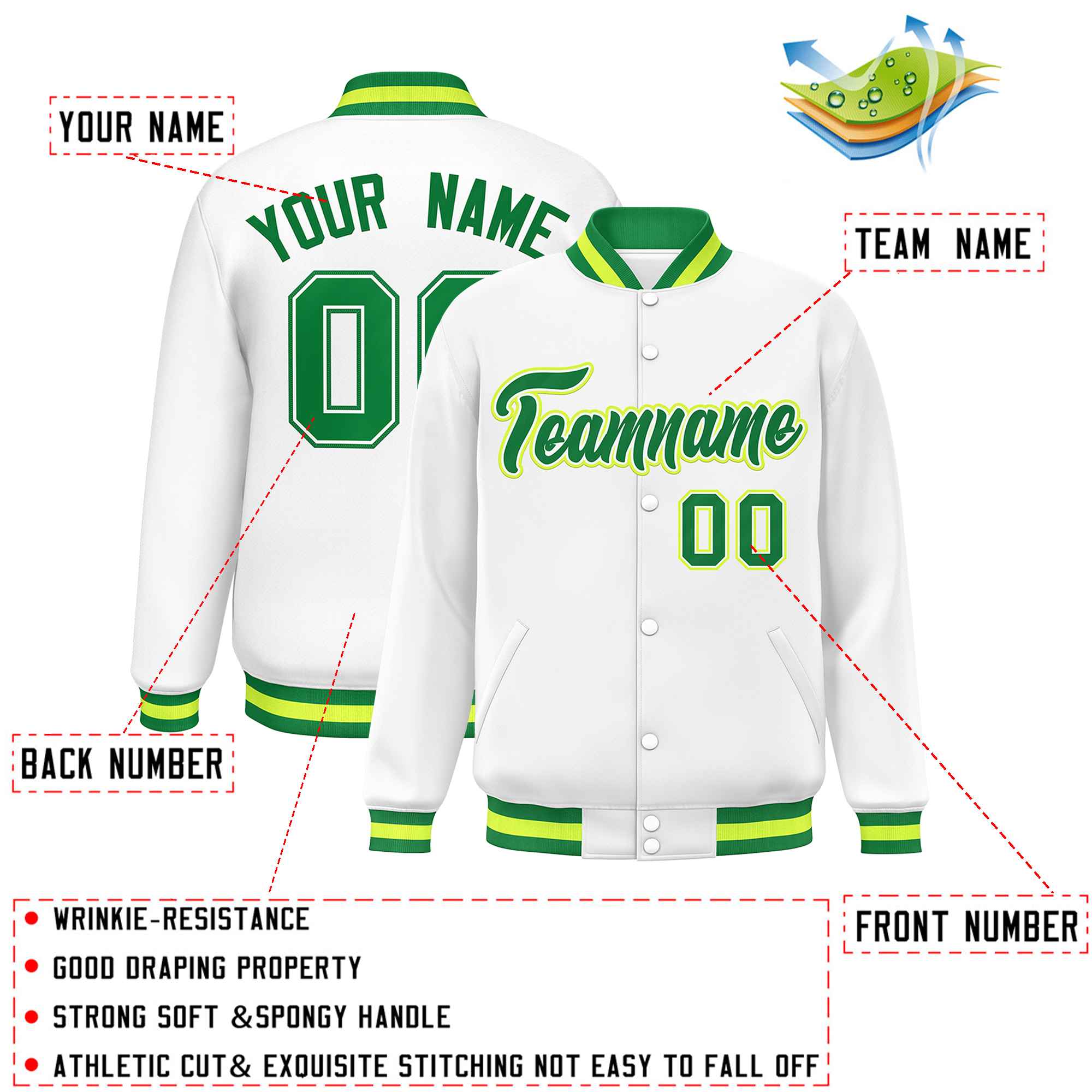 Custom White Kelly Green Varsity Full-Snap Classic Style Letterman Baseball Jacket