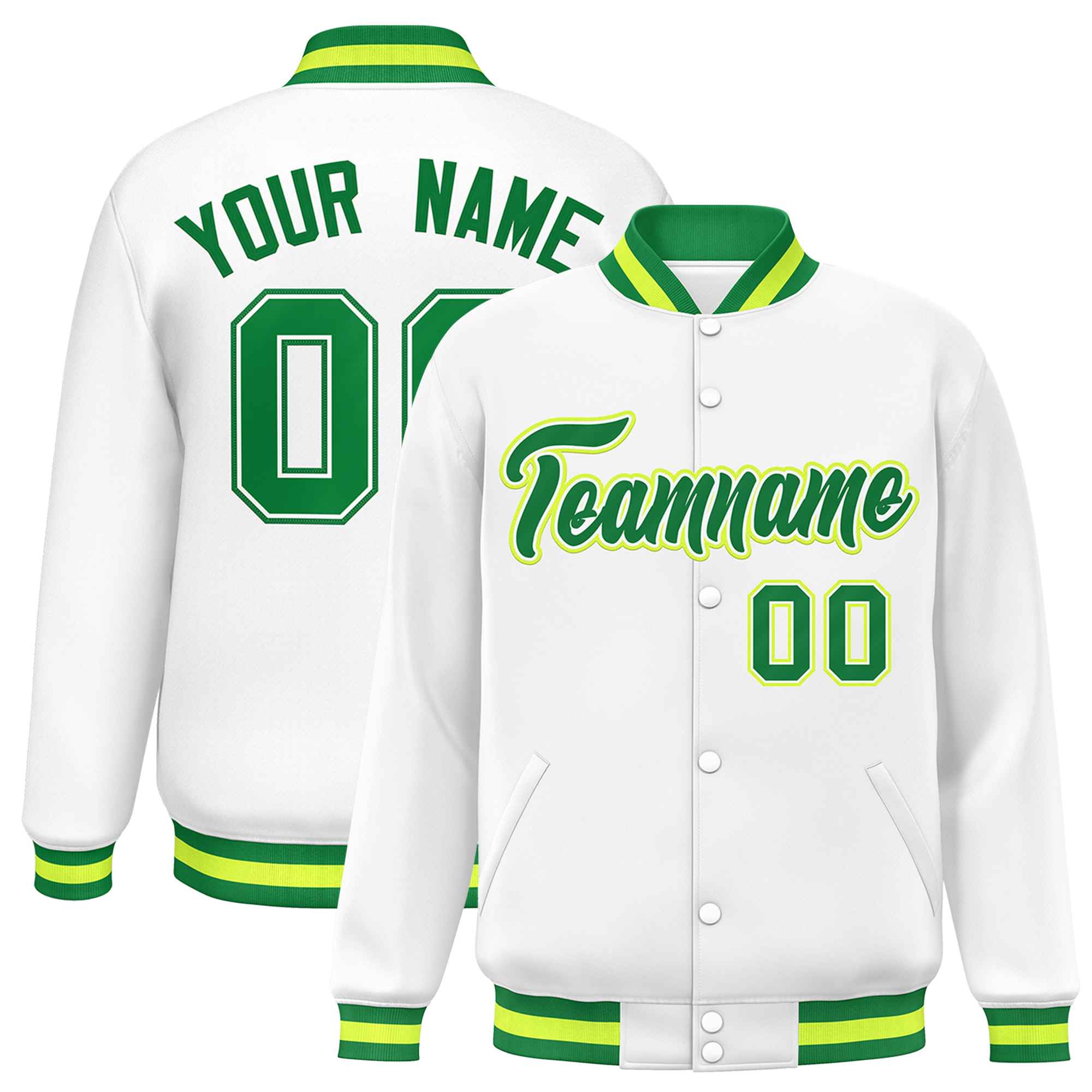 Custom White Kelly Green Varsity Full-Snap Classic Style Letterman Baseball Jacket