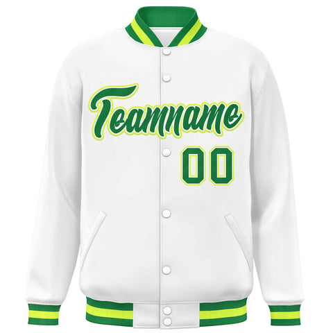 Custom White Kelly Green Varsity Full-Snap Classic Style Letterman Baseball Jacket
