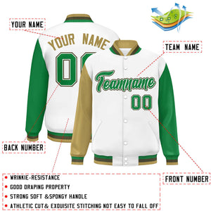 Custom White Old Gold-Kelly Green Varsity Full-Snap Raglan Sleeves Letterman Baseball Jacket