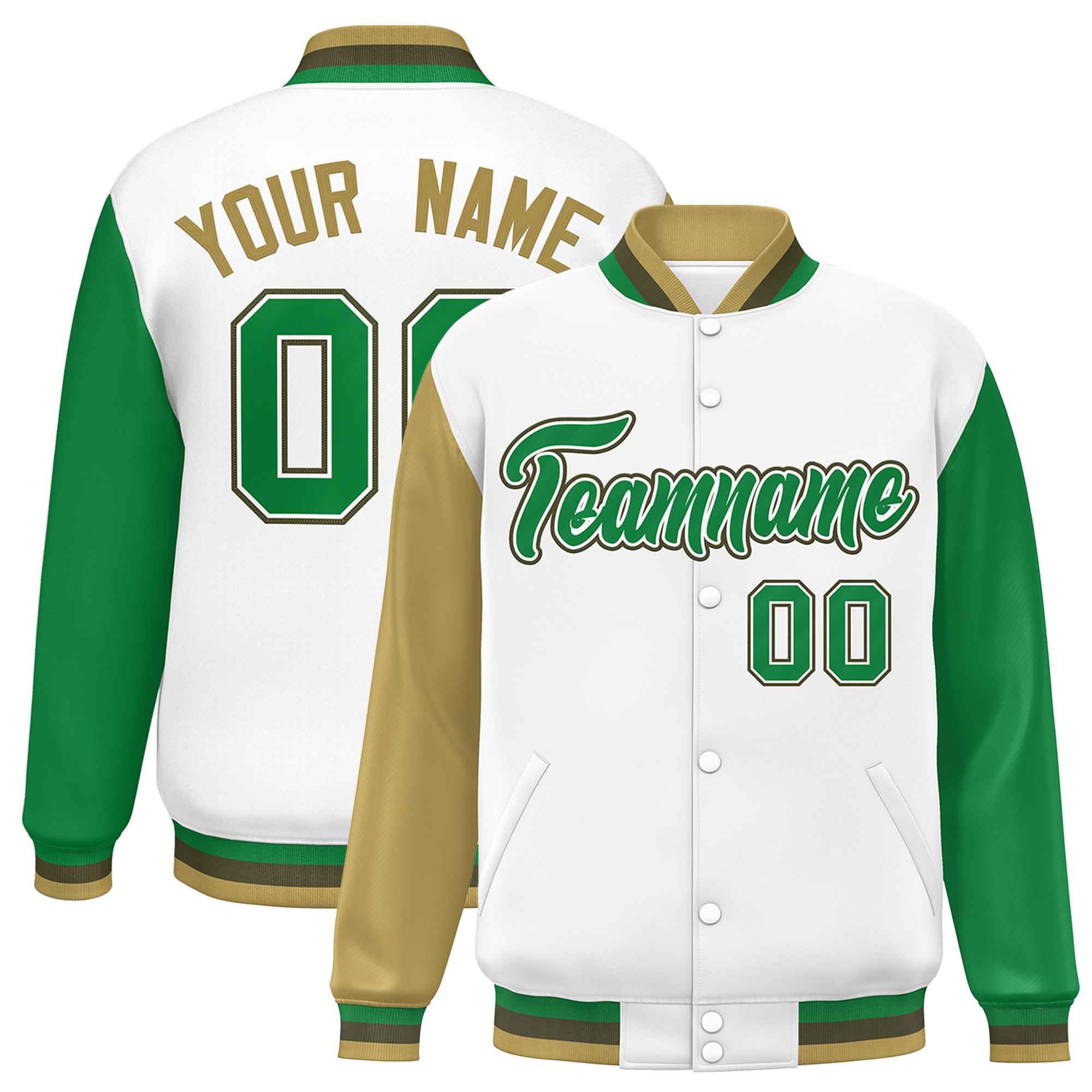 Custom White Old Gold-Kelly Green Varsity Full-Snap Raglan Sleeves Letterman Baseball Jacket