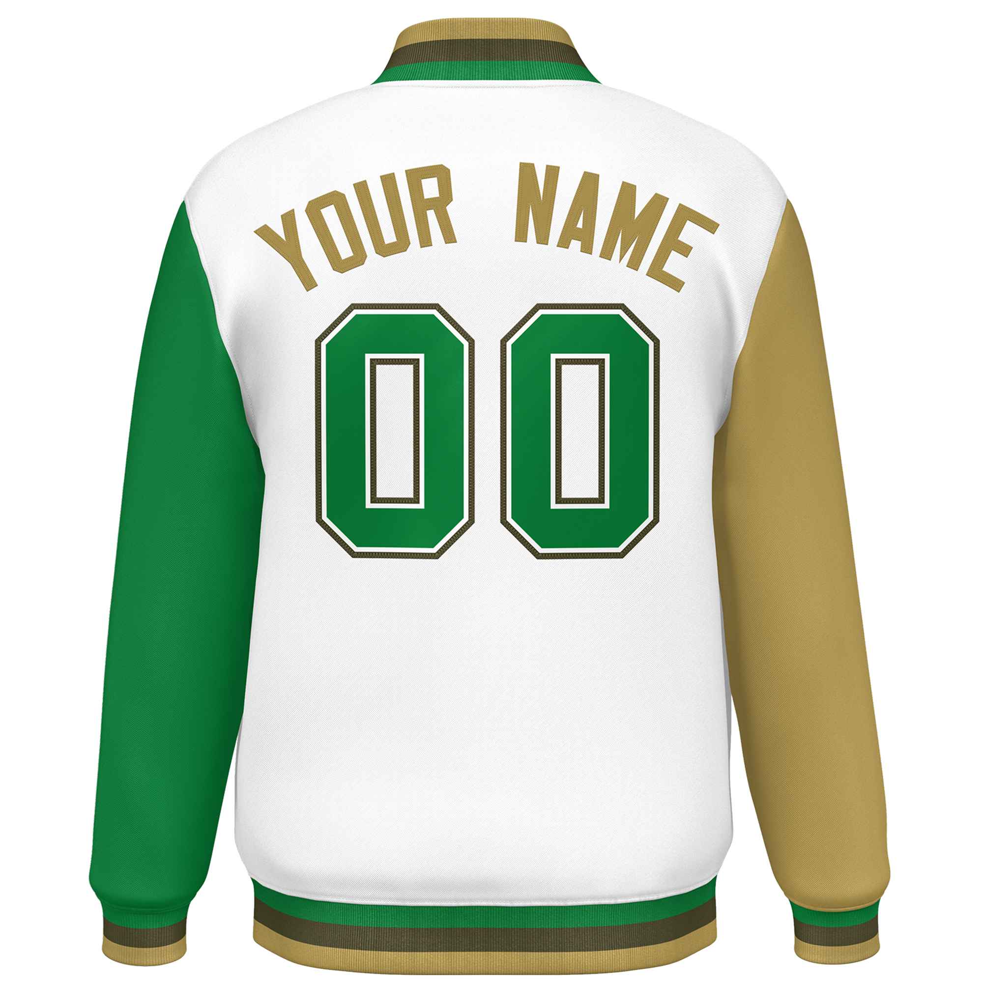 Custom White Old Gold-Kelly Green Varsity Full-Snap Raglan Sleeves Letterman Baseball Jacket