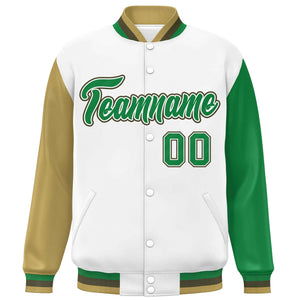 Custom White Old Gold-Kelly Green Varsity Full-Snap Raglan Sleeves Letterman Baseball Jacket