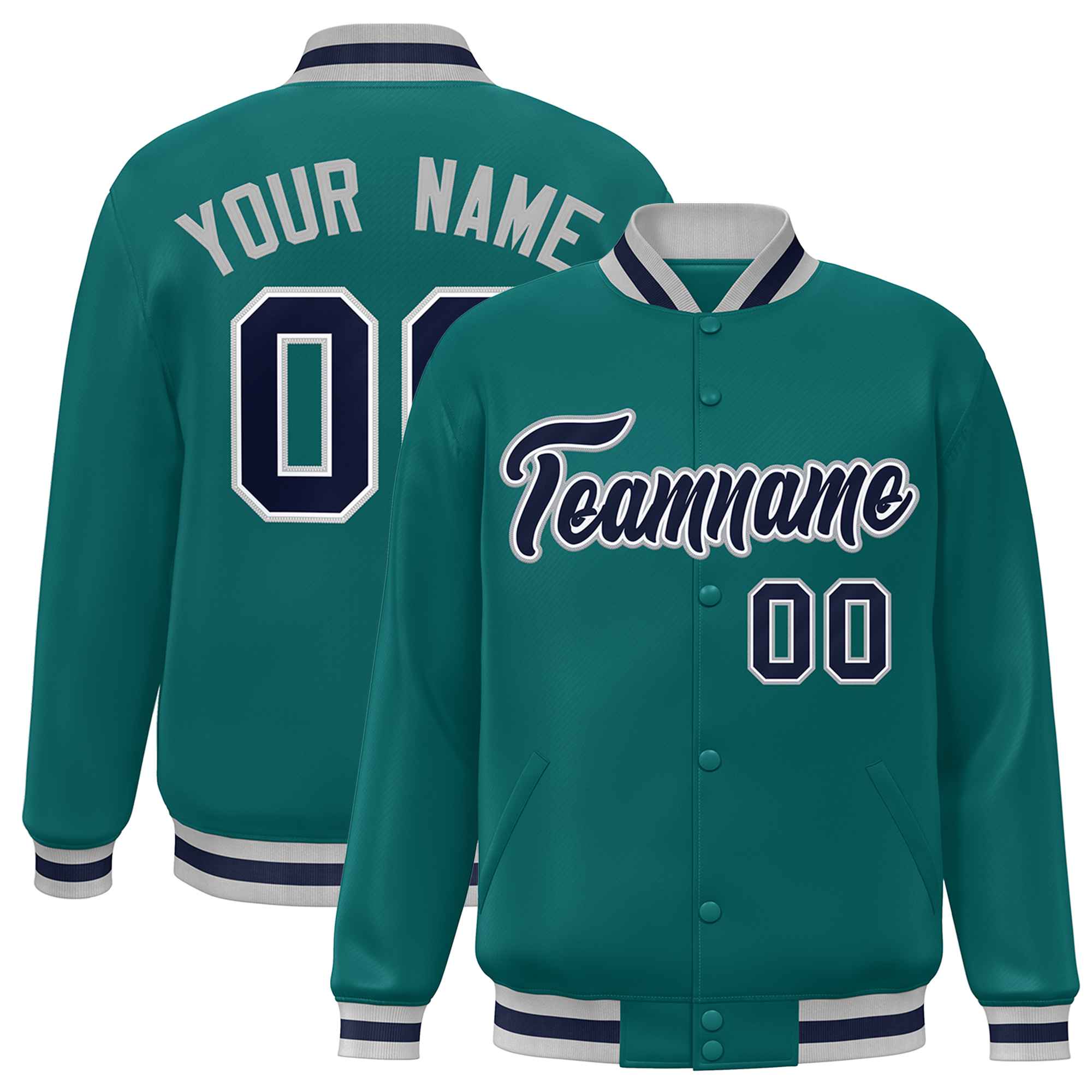 Custom Aqua Navy Varsity Full-Snap Classic Style Letterman Baseball Jacket