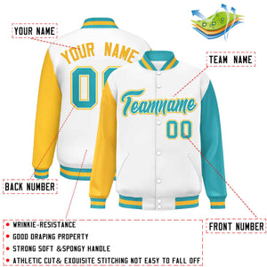 Custom White Gold-Aqua Varsity Full-Snap Raglan Sleeves Letterman Baseball Jacket