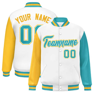 Custom White Gold-Aqua Varsity Full-Snap Raglan Sleeves Letterman Baseball Jacket