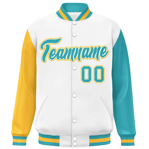 Custom White Gold-Aqua Varsity Full-Snap Raglan Sleeves Letterman Baseball Jacket