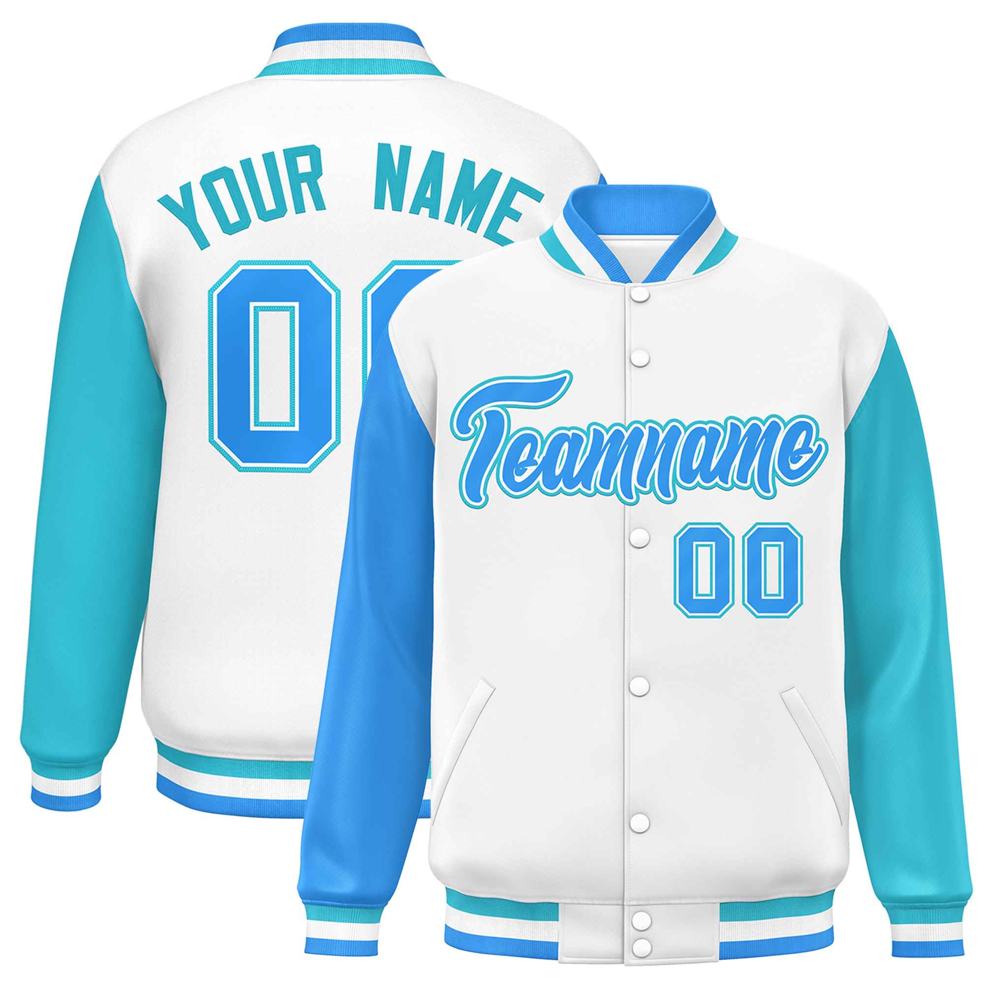 Custom White Powder Blue-Sky Blue Varsity Full-Snap Raglan Sleeves Letterman Baseball Jacket