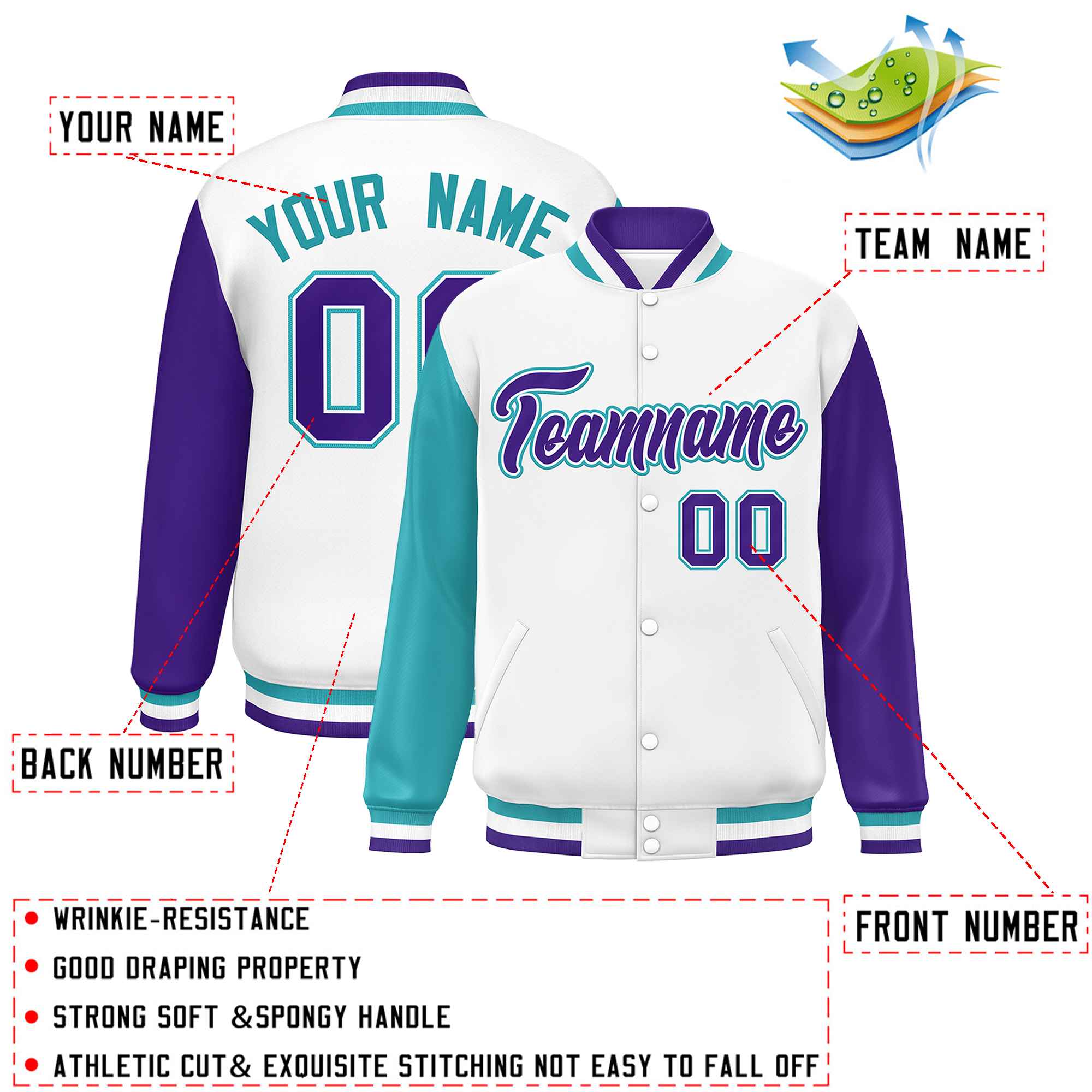 Custom White Aqua-Purple Varsity Full-Snap Raglan Sleeves Letterman Baseball Jacket