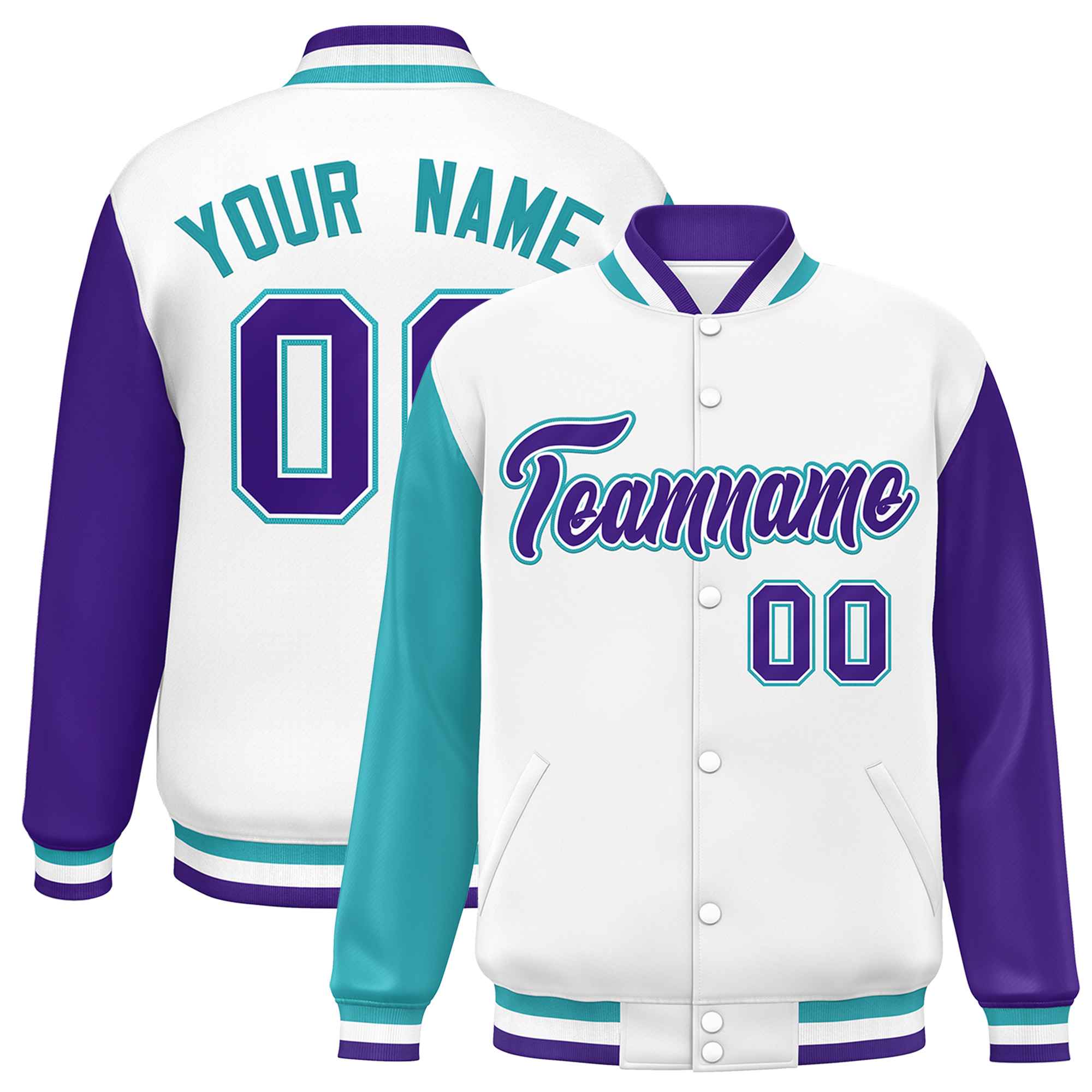 Custom White Aqua-Purple Varsity Full-Snap Raglan Sleeves Letterman Baseball Jacket